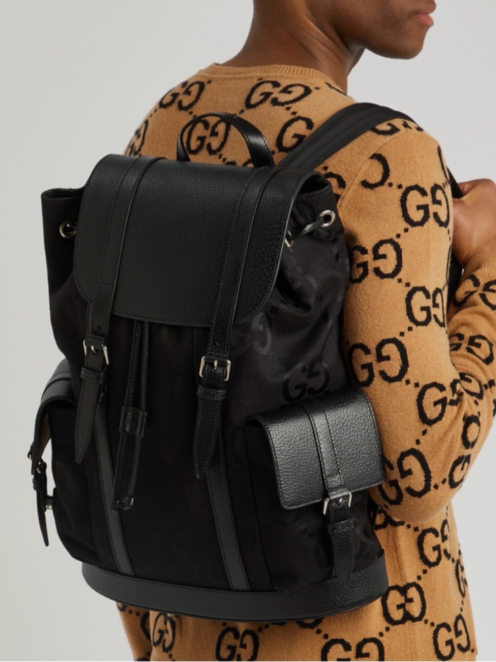 Gucci Black GG-Canvas Drawstring Backpack with Leather Trim